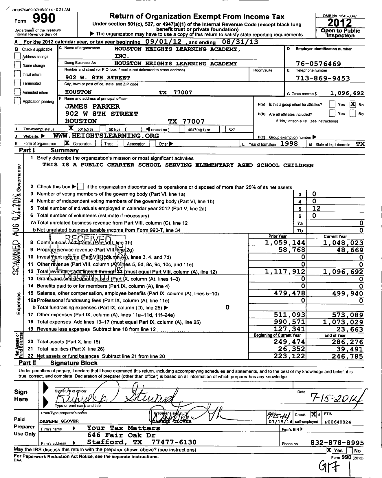Image of first page of 2012 Form 990 for Houston Heights Learning Academy
