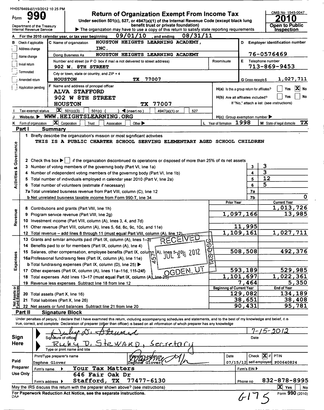 Image of first page of 2010 Form 990 for Houston Heights Learning Academy