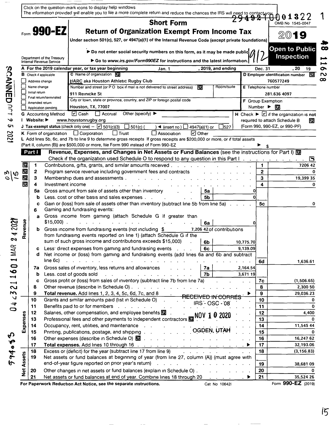 Image of first page of 2019 Form 990EZ for Houston Athletic Rugby Club (HARC)