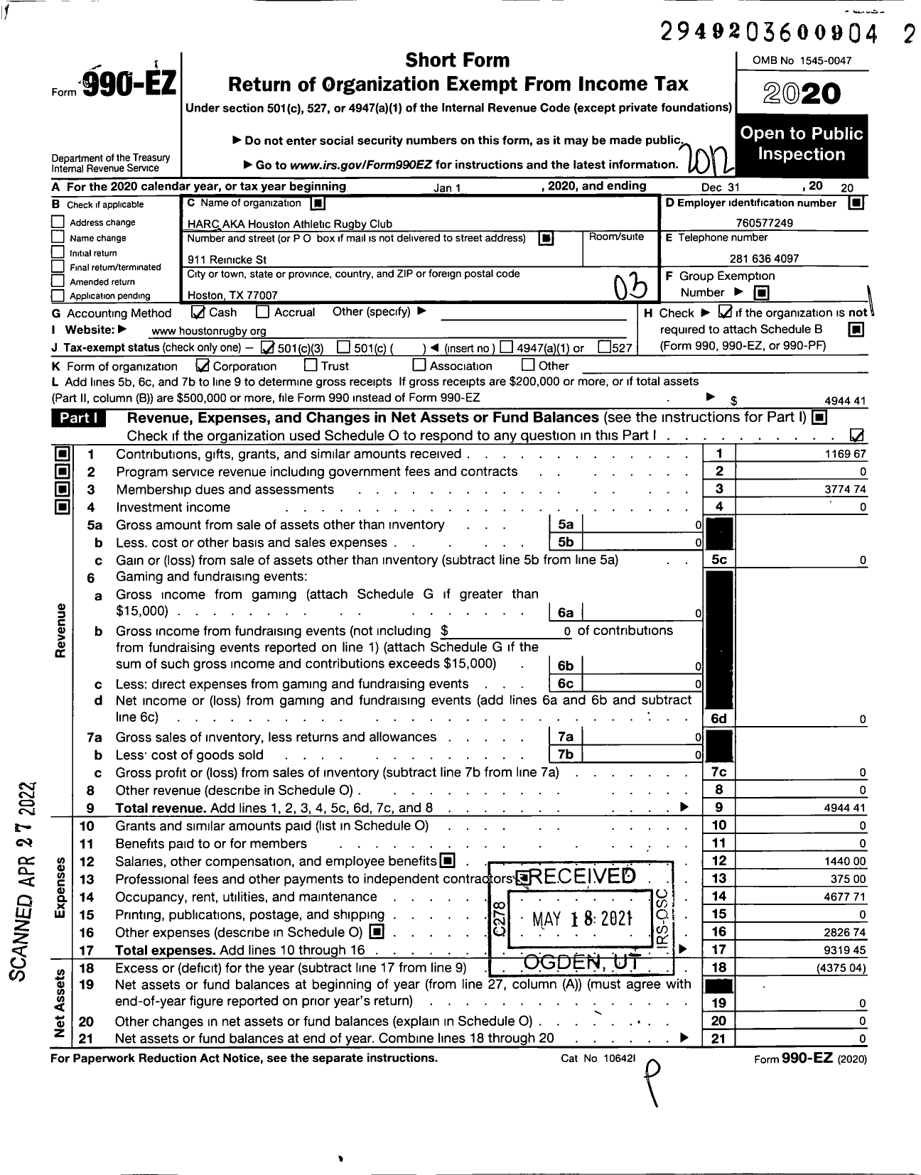 Image of first page of 2020 Form 990EZ for Houston Athletic Rugby Club (HARC)