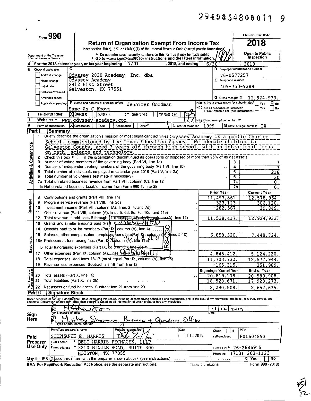 Image of first page of 2018 Form 990 for Odyssey Academy