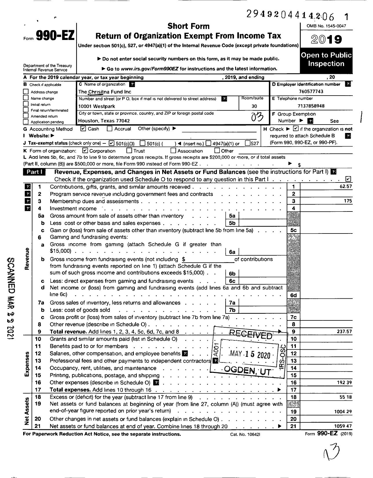 Image of first page of 2019 Form 990EZ for Christina Fund