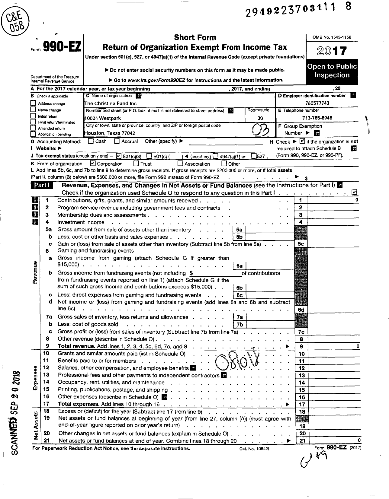 Image of first page of 2017 Form 990EZ for Christina Fund