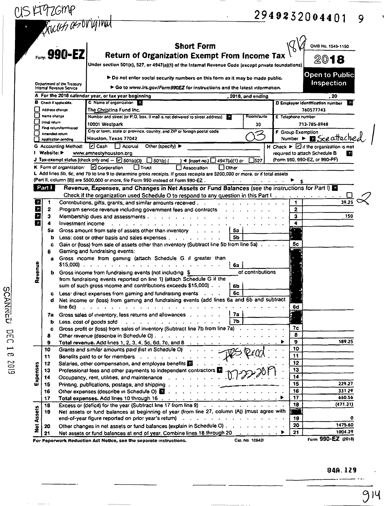 Image of first page of 2018 Form 990EZ for Christina Fund