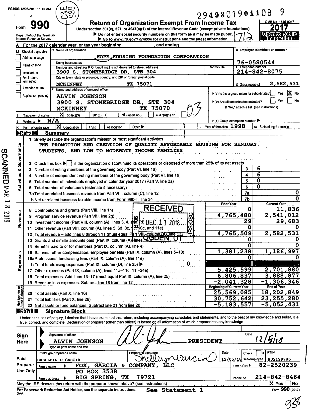 Image of first page of 2017 Form 990 for Hope Housing Foundation