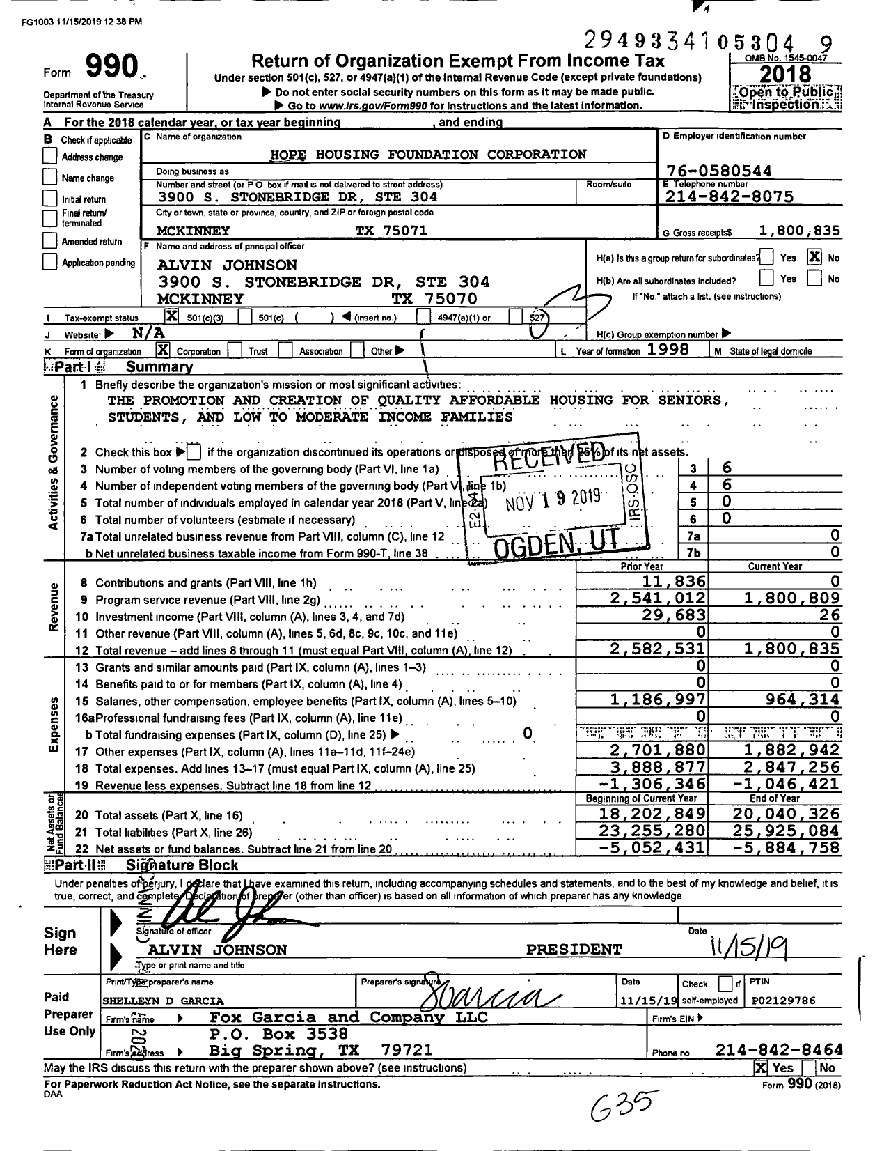 Image of first page of 2018 Form 990 for Hope Housing Foundation