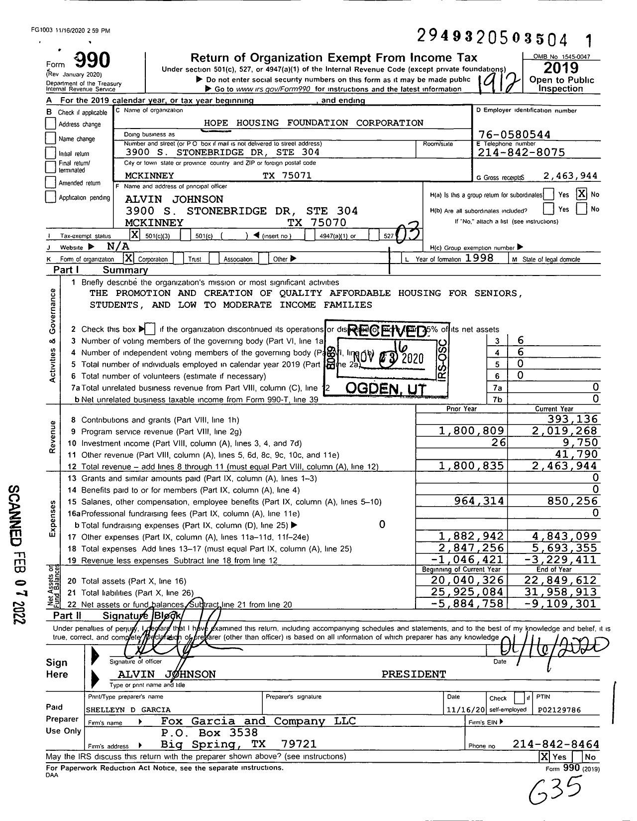 Image of first page of 2019 Form 990 for Hope Housing Foundation