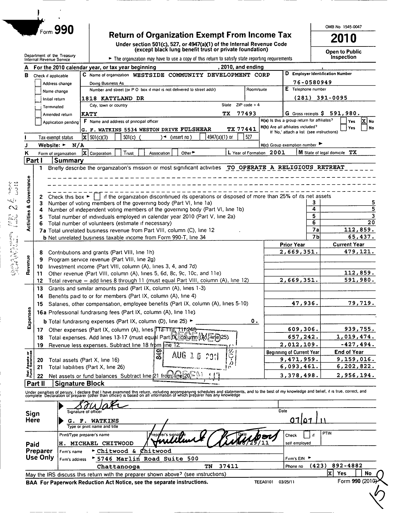 Image of first page of 2010 Form 990 for Westside Community Development Corporation