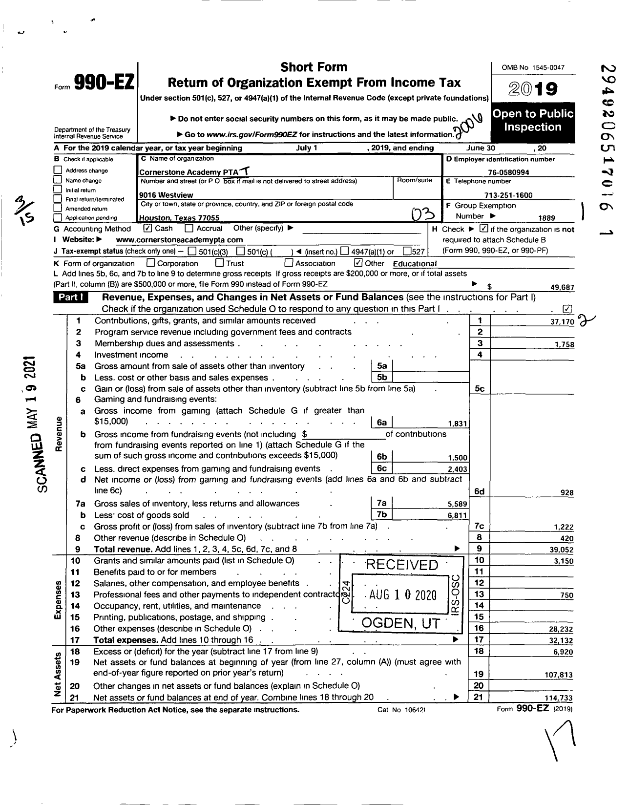 Image of first page of 2019 Form 990EZ for TEXAS PTA - 4741 Cornerstone Academy PTA