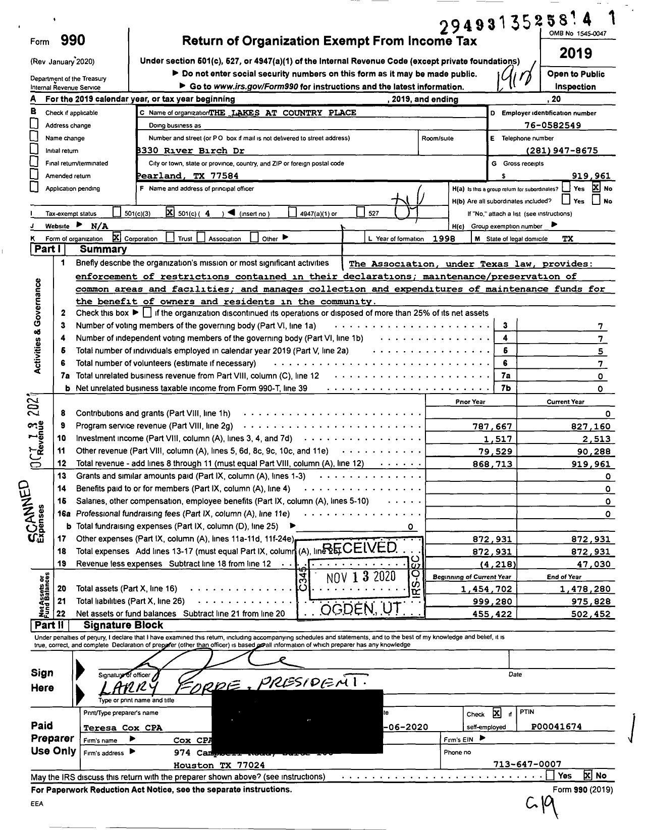 Image of first page of 2019 Form 990O for The Lakes at Country Place