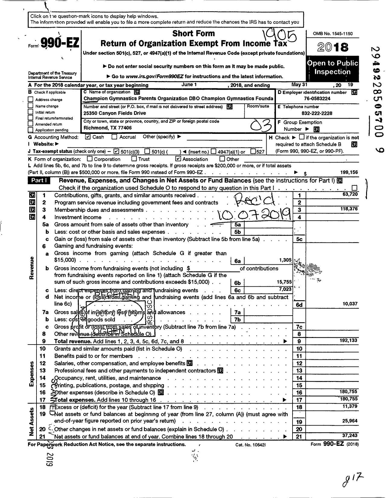 Image of first page of 2018 Form 990EZ for Champions Gymnastics Parents Organization