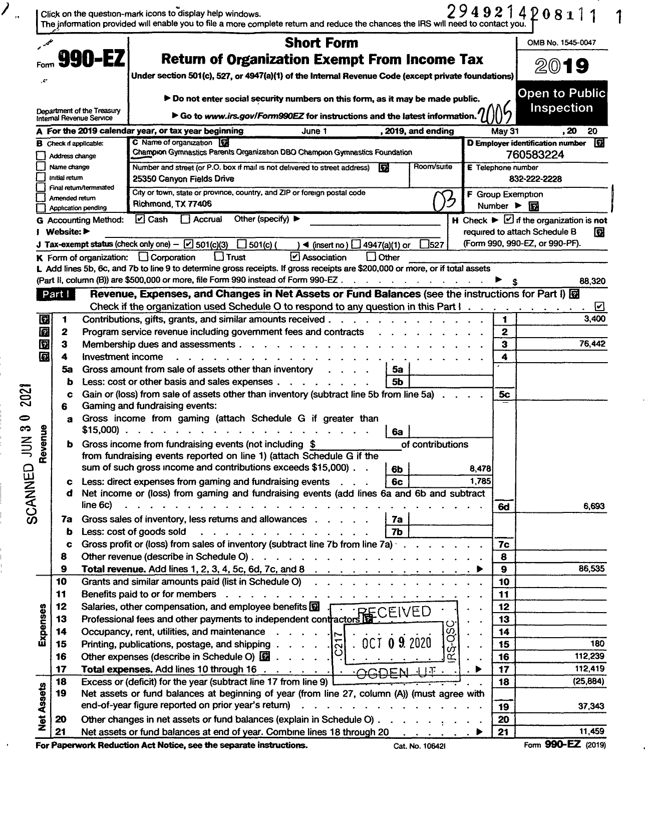 Image of first page of 2019 Form 990EZ for Champions Gymnastics Parents Organization