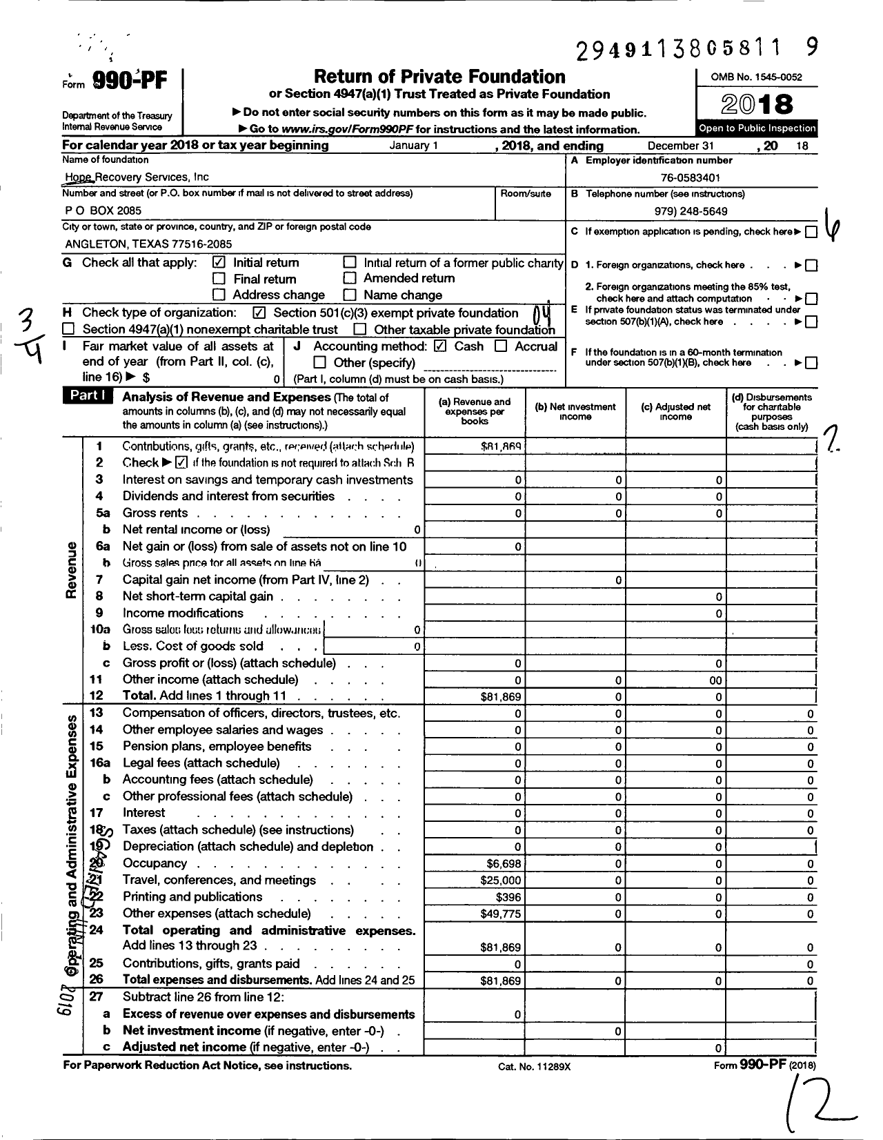 Image of first page of 2018 Form 990PF for Hope Recovery Services