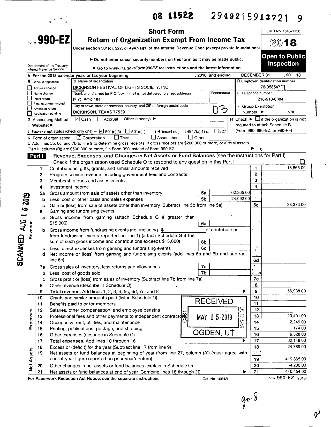 Image of first page of 2018 Form 990EZ for Dickinson Festival of Lights Society