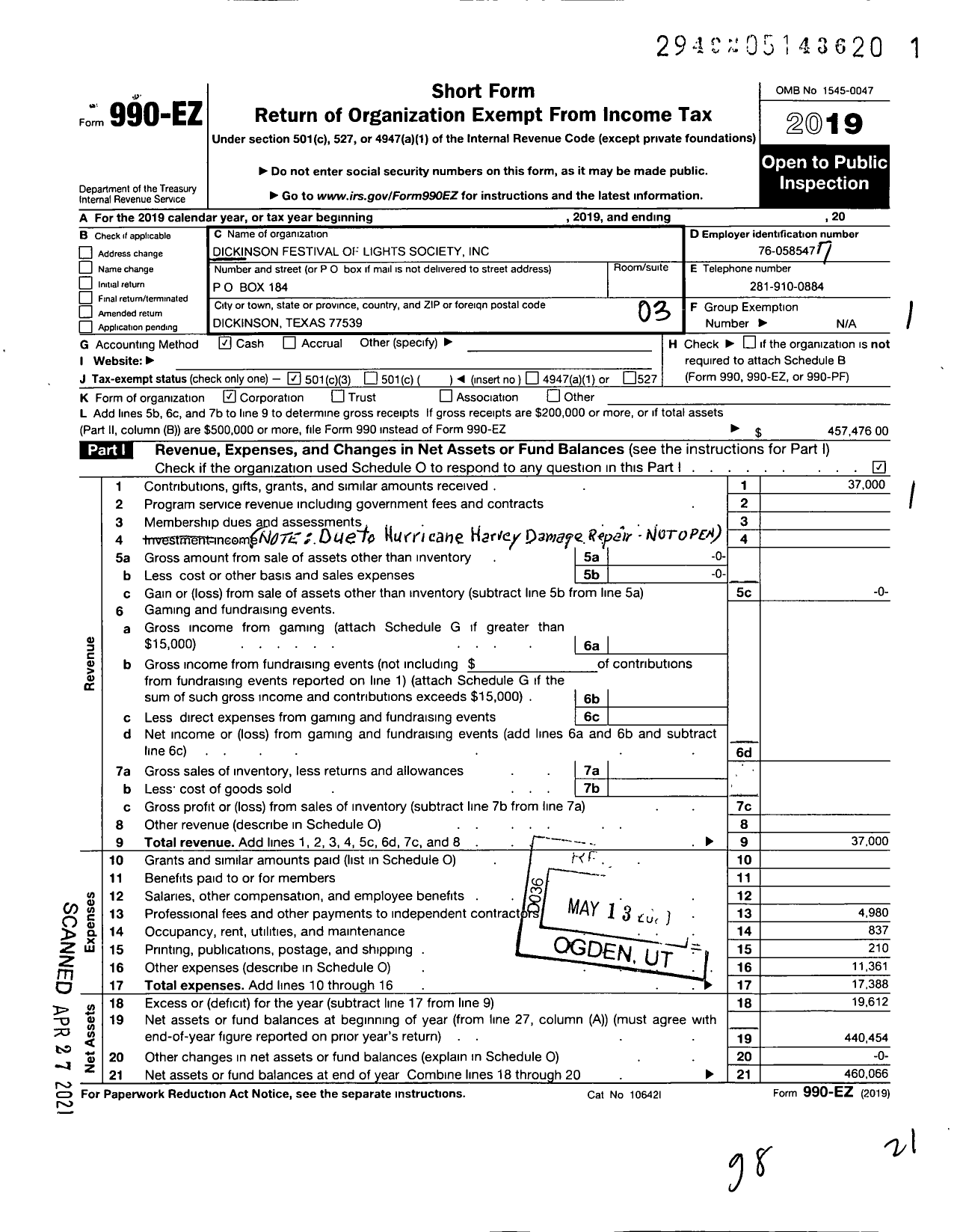 Image of first page of 2019 Form 990EZ for Dickinson Festival of Lights Society