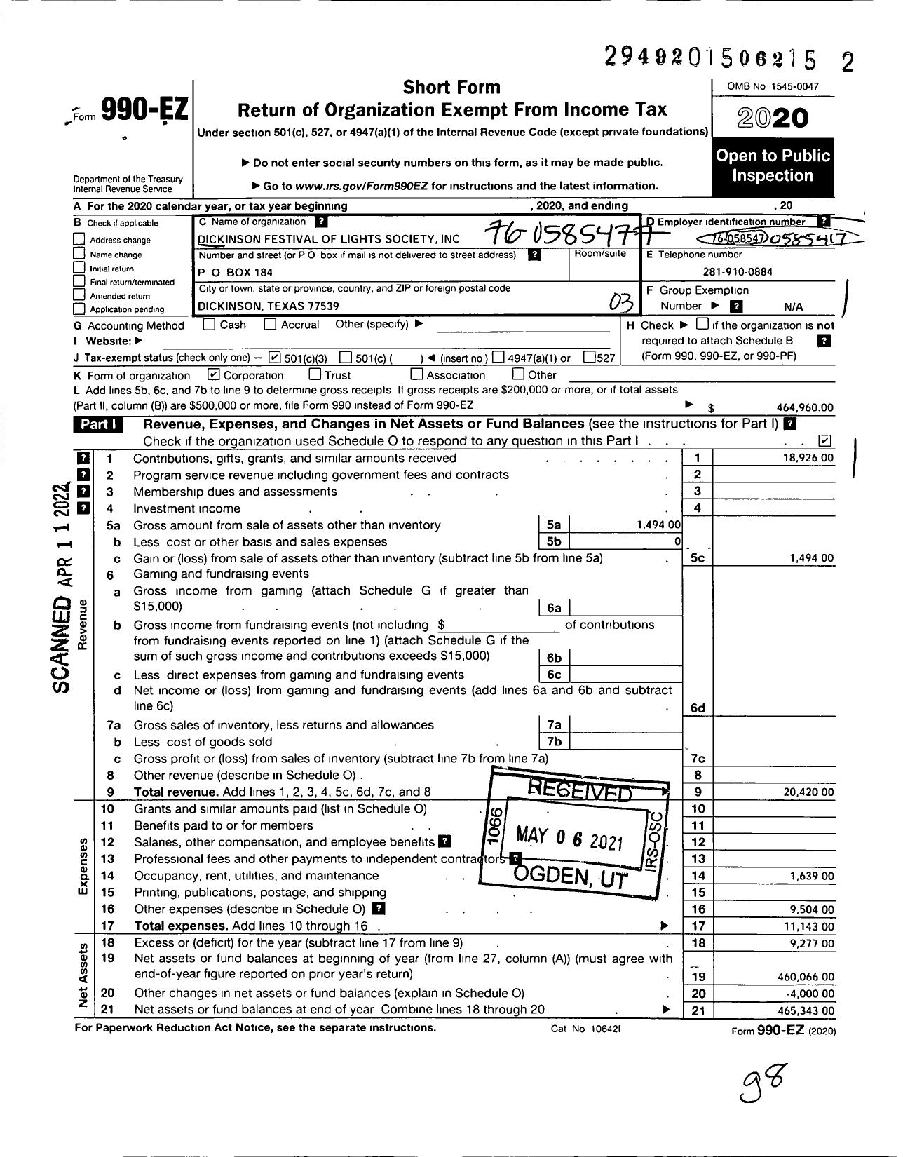 Image of first page of 2020 Form 990EZ for Dickinson Festival of Lights Society