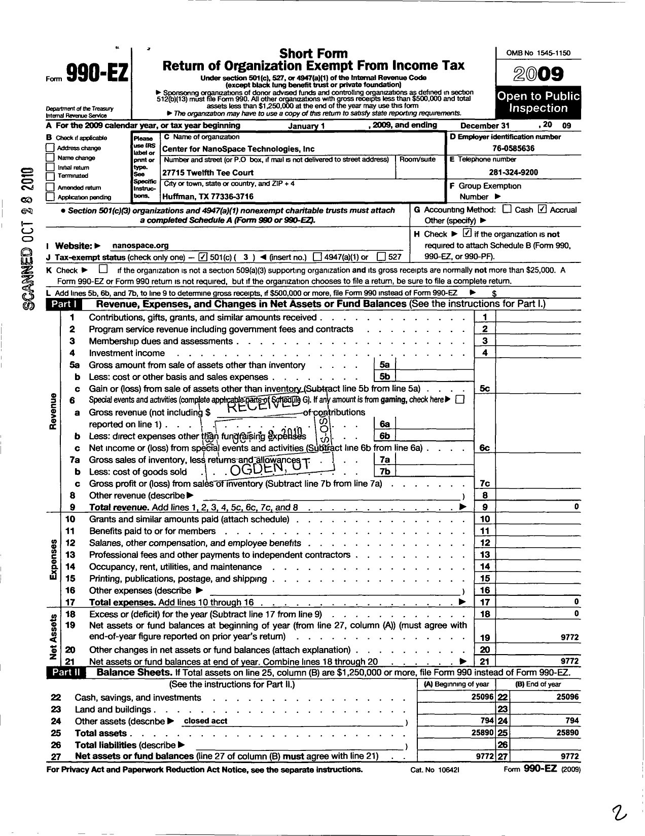 Image of first page of 2009 Form 990EZ for Center for Nanospace Technologies