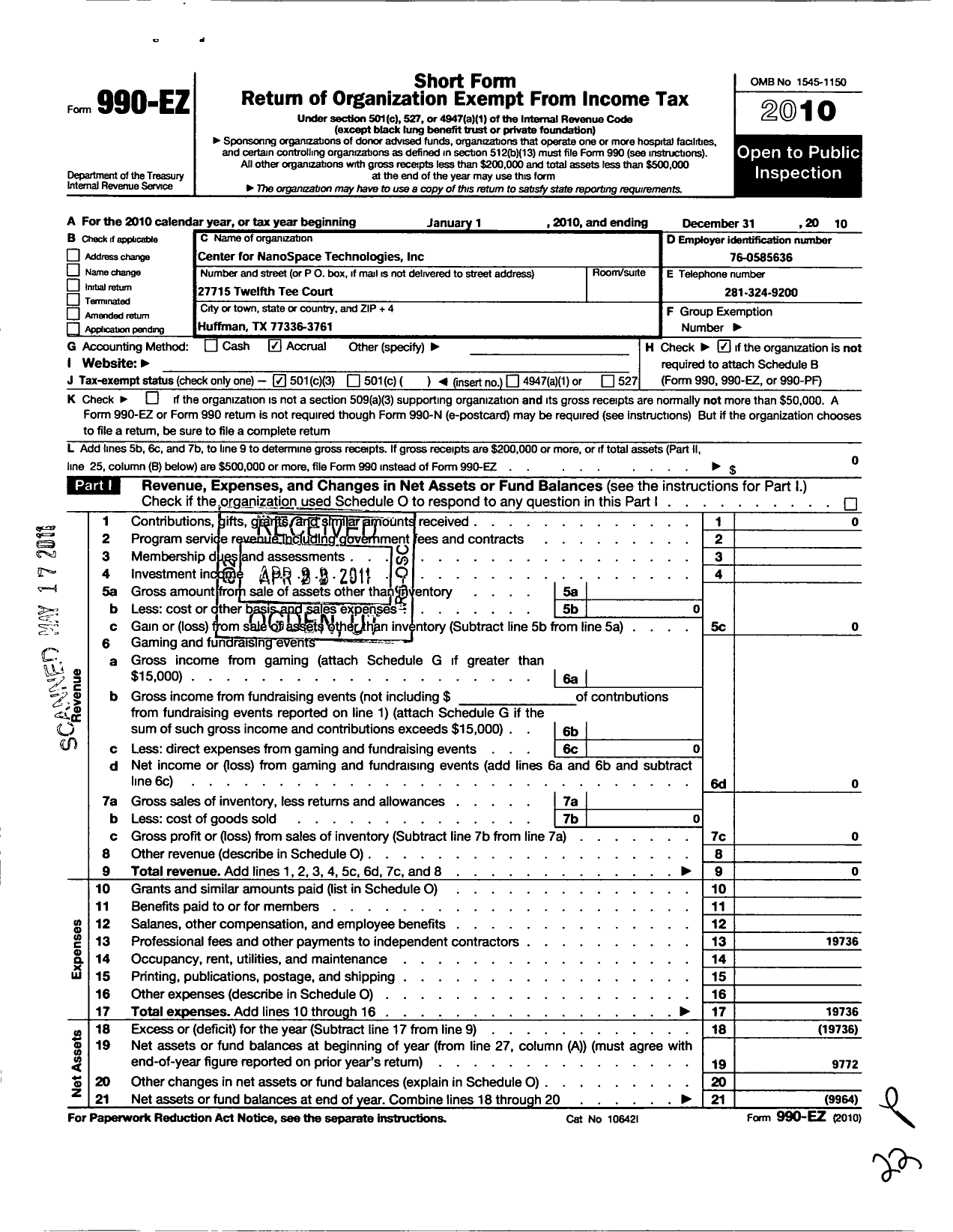 Image of first page of 2010 Form 990EZ for Center for Nanospace Technologies