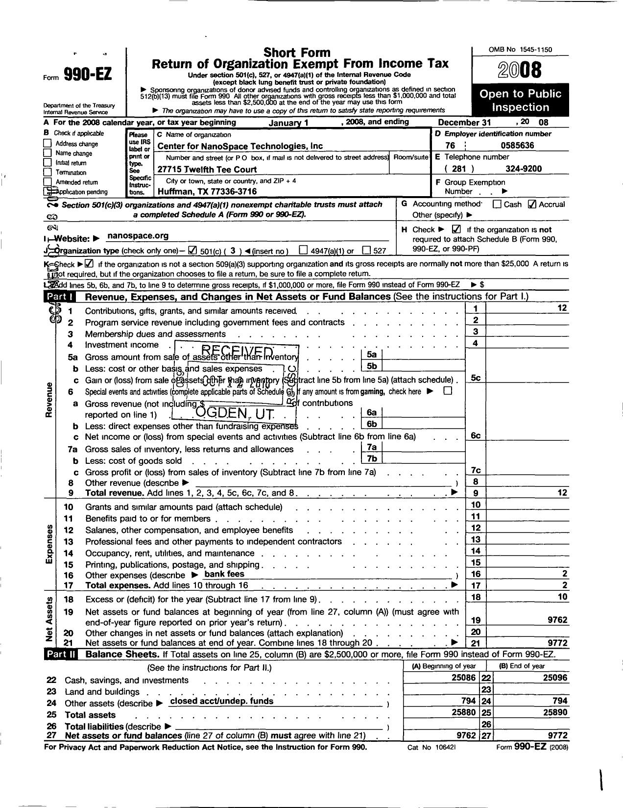 Image of first page of 2008 Form 990EZ for Center for Nanospace Technologies