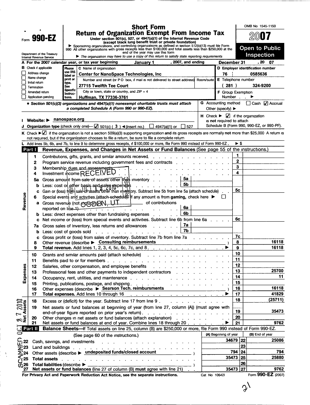 Image of first page of 2007 Form 990EZ for Center for Nanospace Technologies