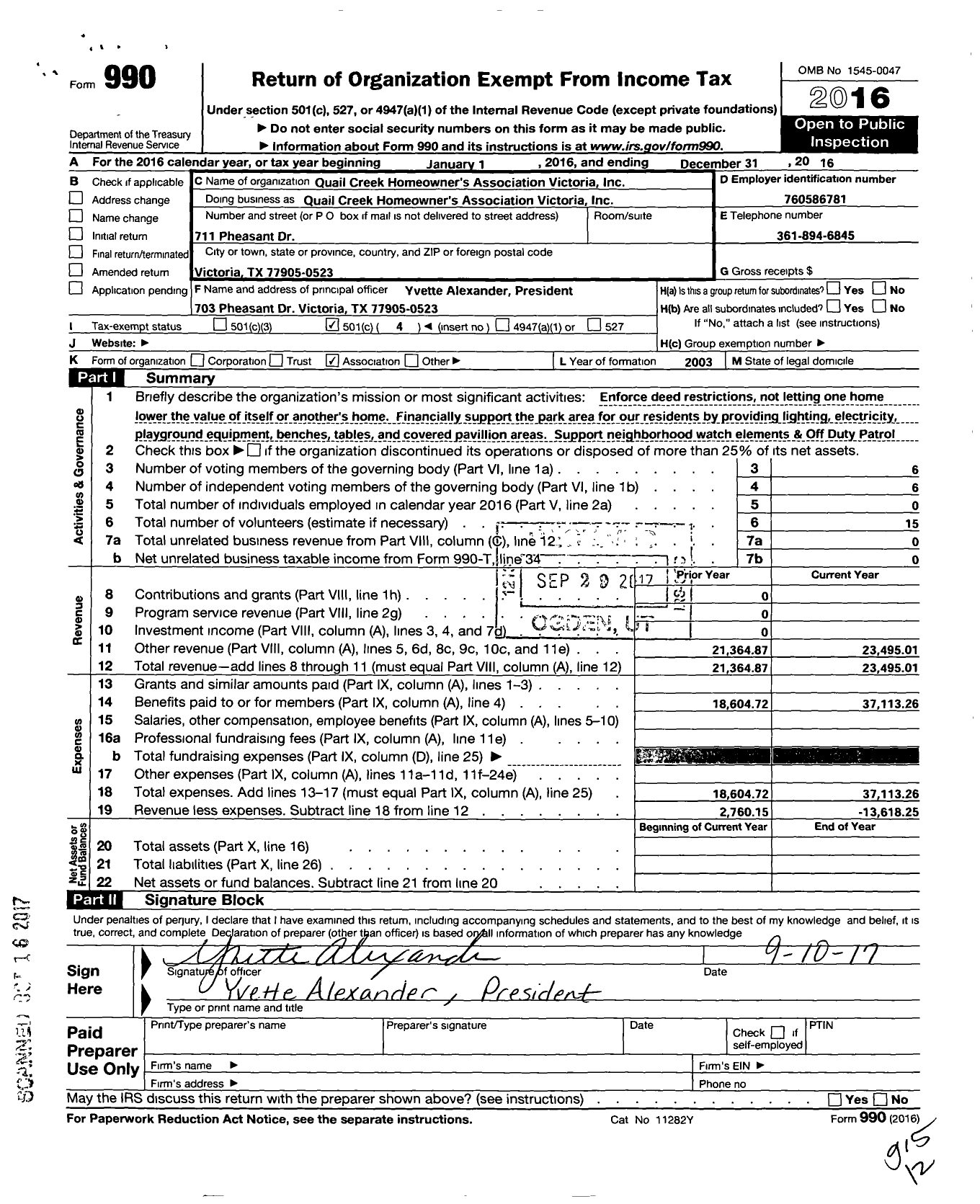 Image of first page of 2016 Form 990O for Quail Creek Home Owners Association