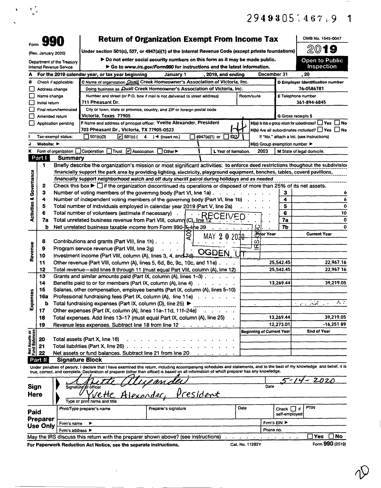 Image of first page of 2019 Form 990O for Quail Creek Home Owners Association