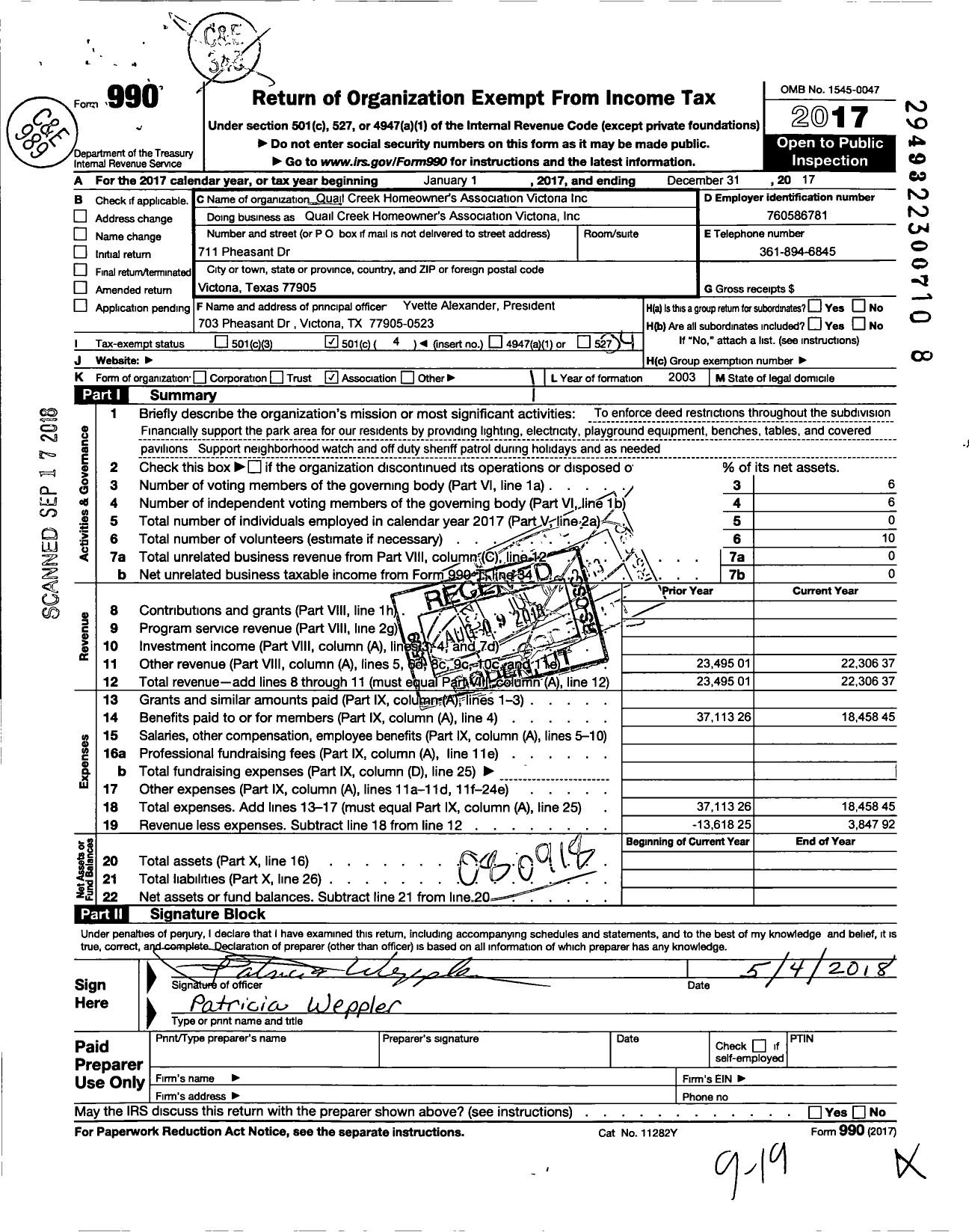 Image of first page of 2017 Form 990O for Quail Creek Home Owners Association