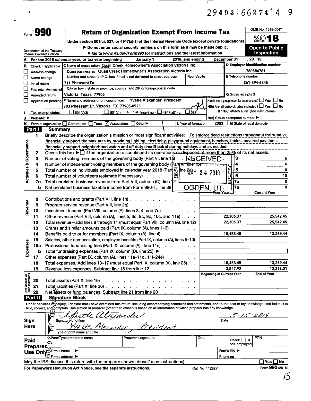 Image of first page of 2018 Form 990O for Quail Creek Home Owners Association