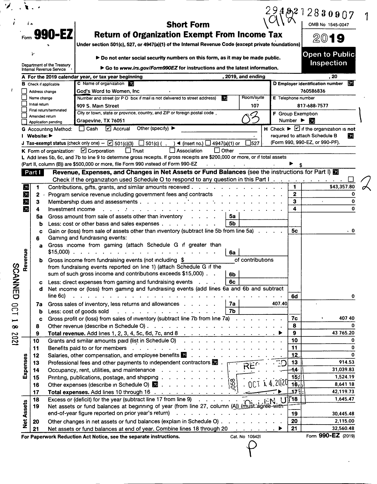 Image of first page of 2019 Form 990EZ for Gods Word To Women