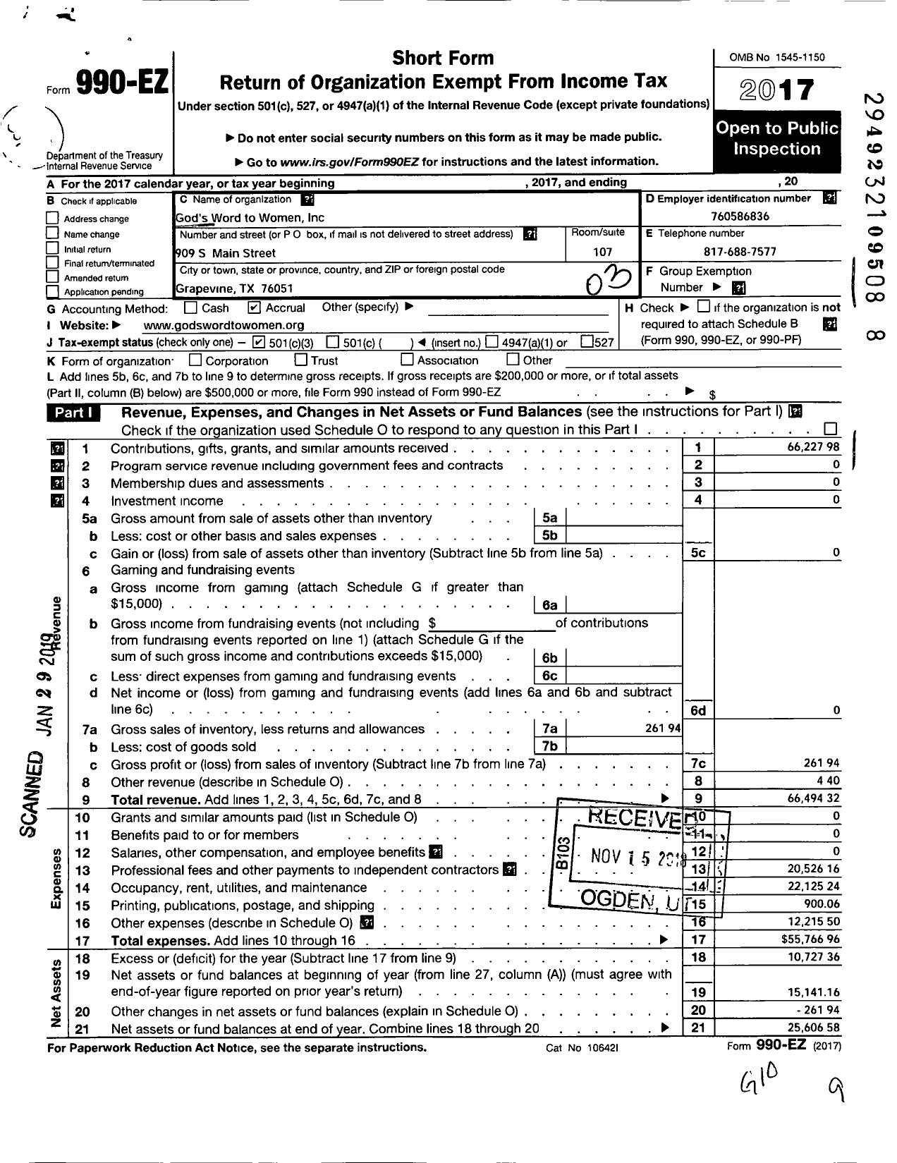 Image of first page of 2017 Form 990EZ for Gods Word To Women