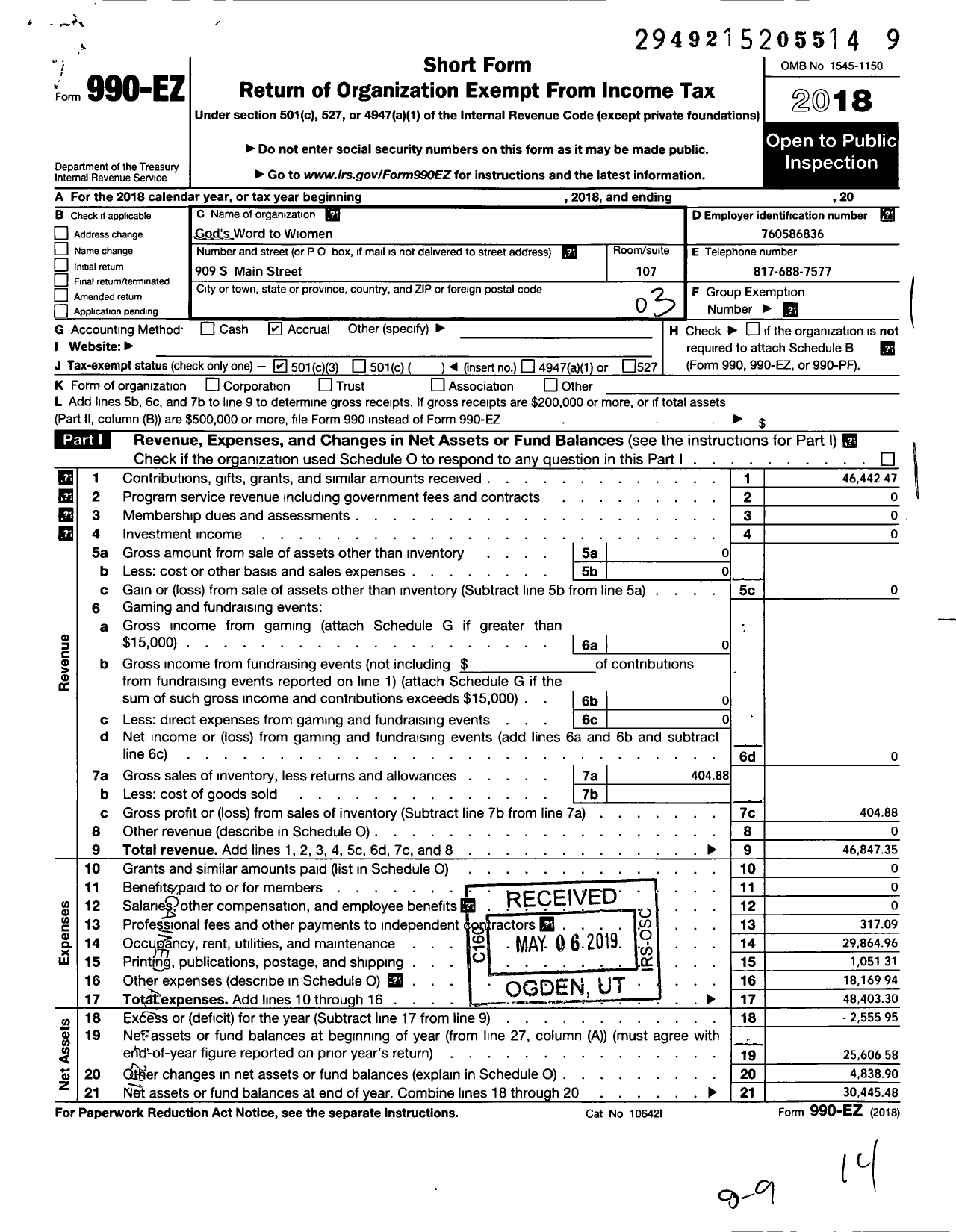 Image of first page of 2018 Form 990EZ for Gods Word To Women