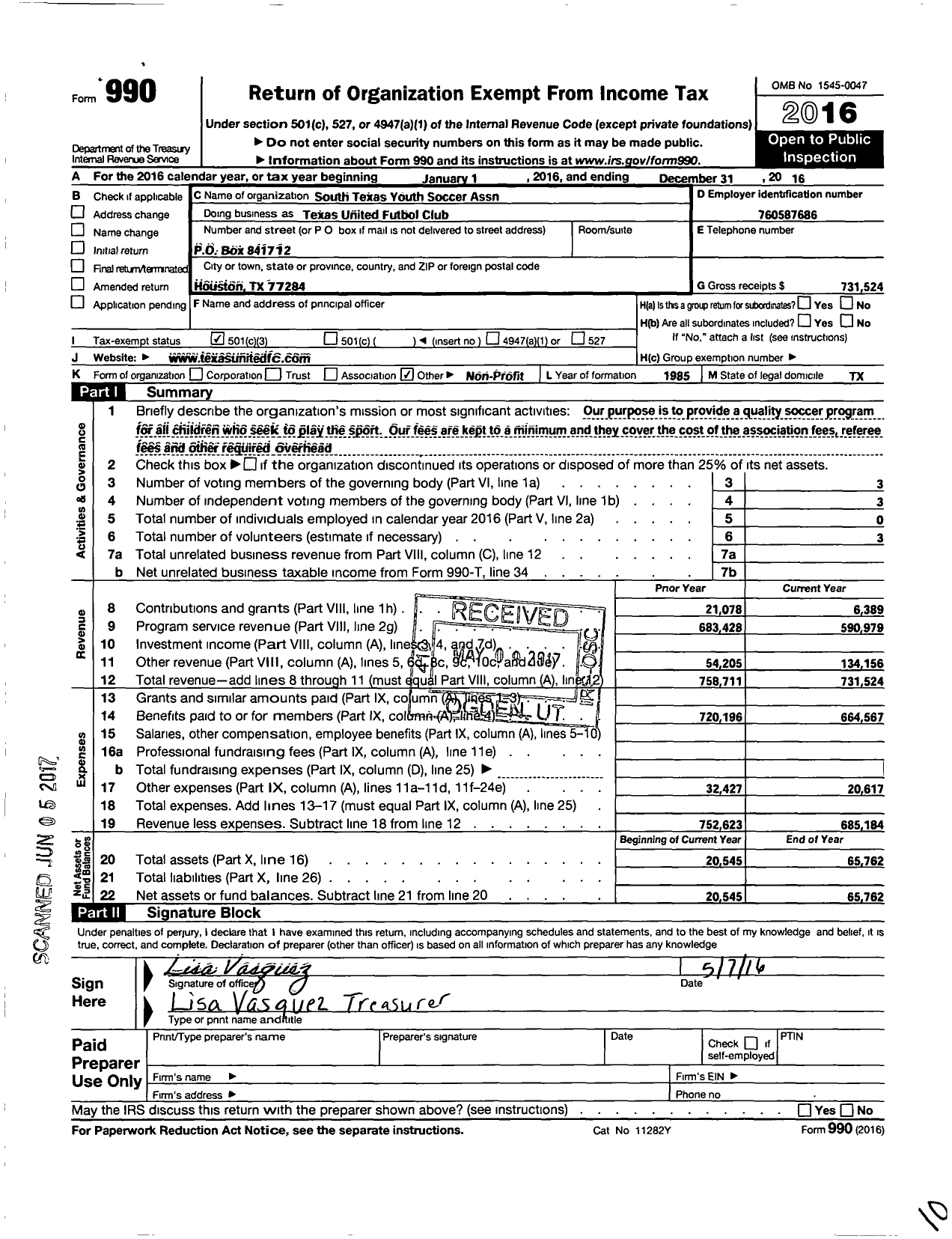 Image of first page of 2016 Form 990 for South Texas Youth Soccer Association Texas Unitted FC