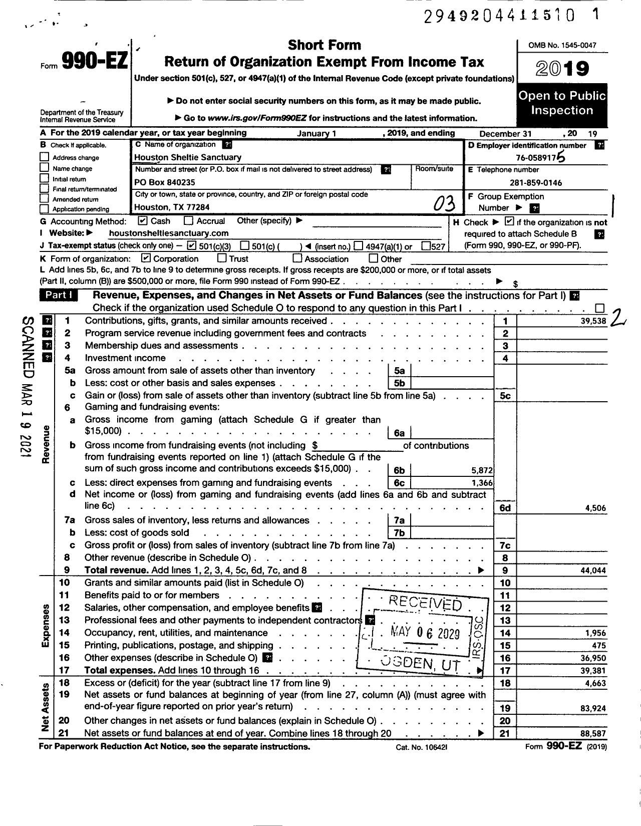 Image of first page of 2019 Form 990EZ for Houston Sheltie Sanctuary