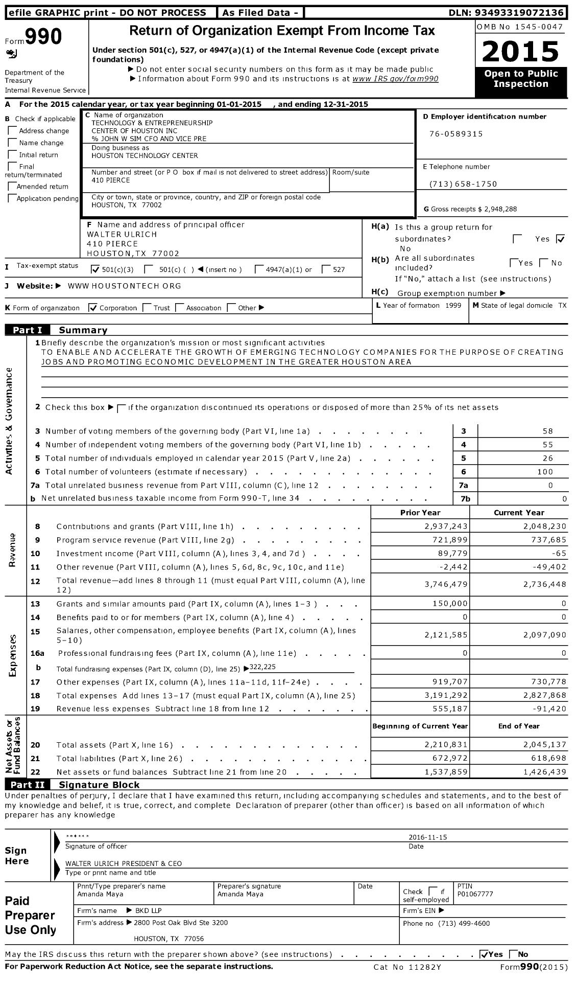 Image of first page of 2015 Form 990 for Technology and Entrepreneurship Center of Houston