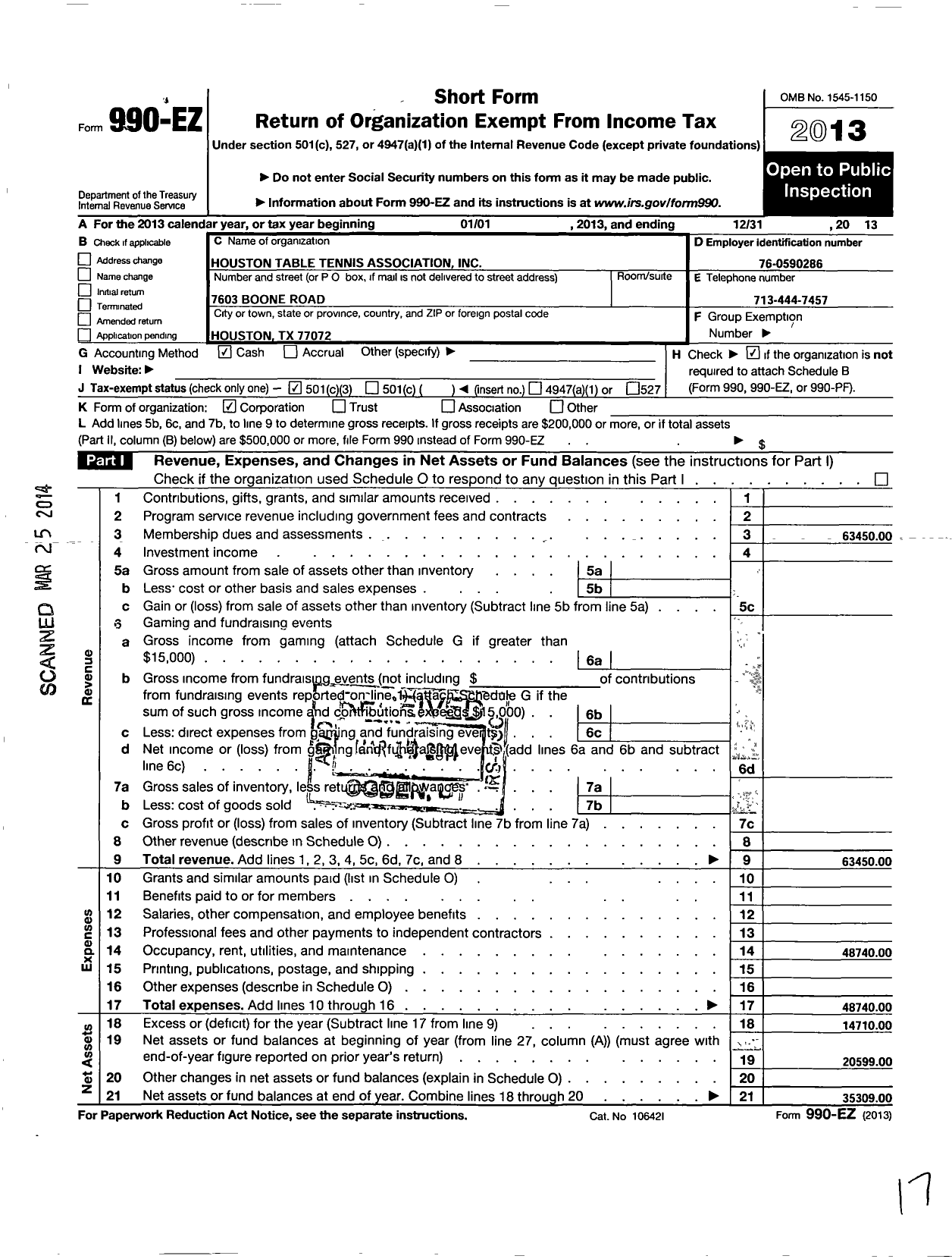 Image of first page of 2013 Form 990EZ for Houston Table Tennis Association