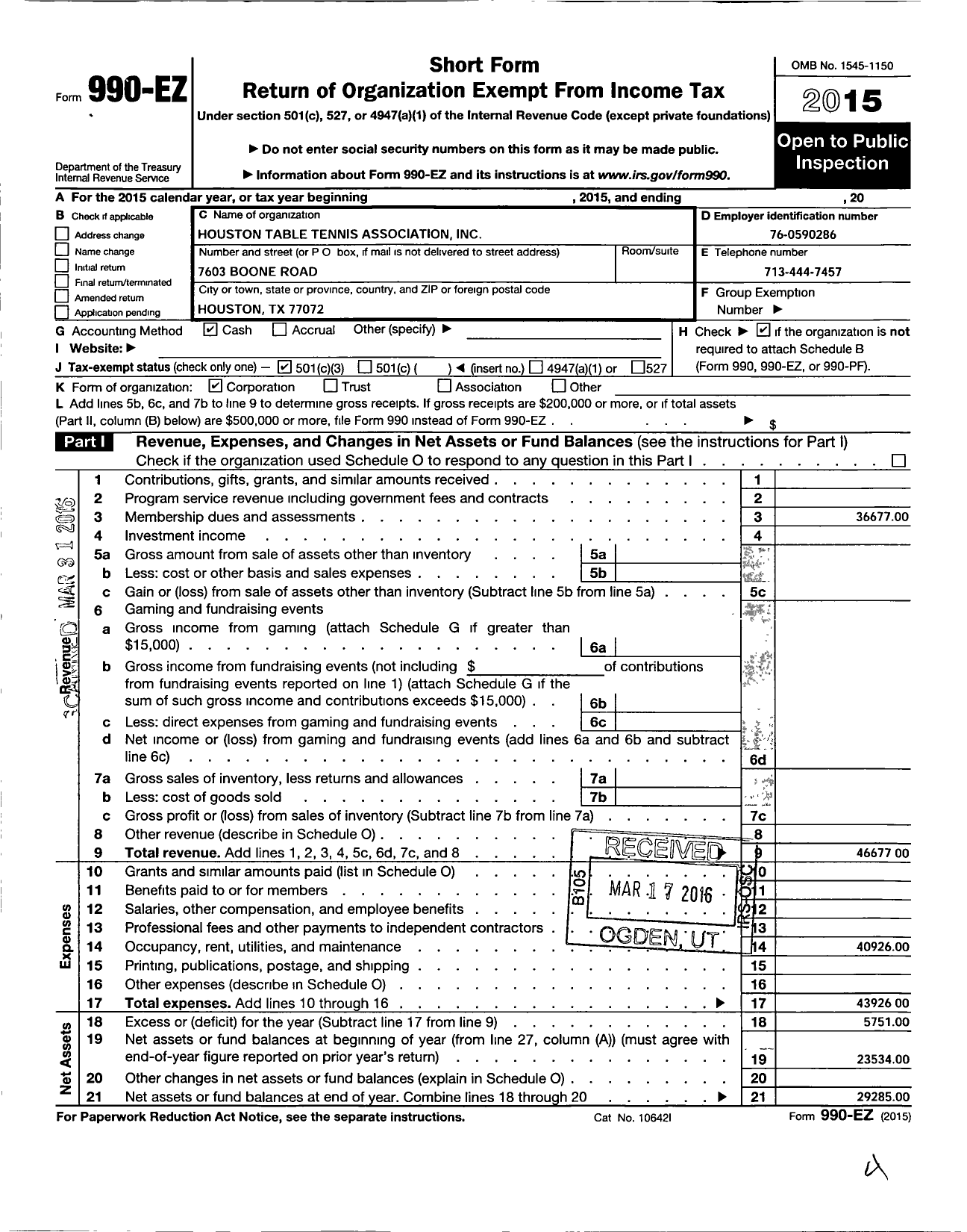 Image of first page of 2015 Form 990EZ for Houston Table Tennis Association