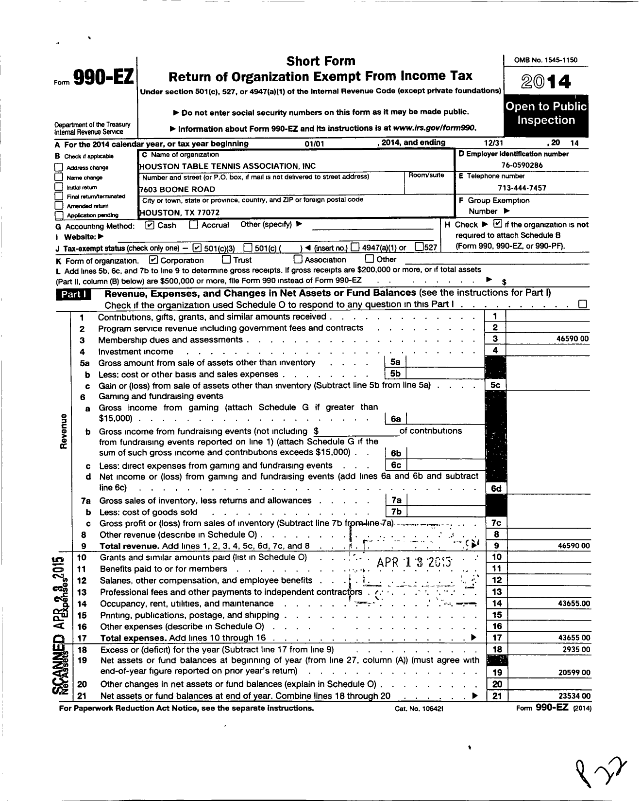 Image of first page of 2014 Form 990EZ for Houston Table Tennis Association