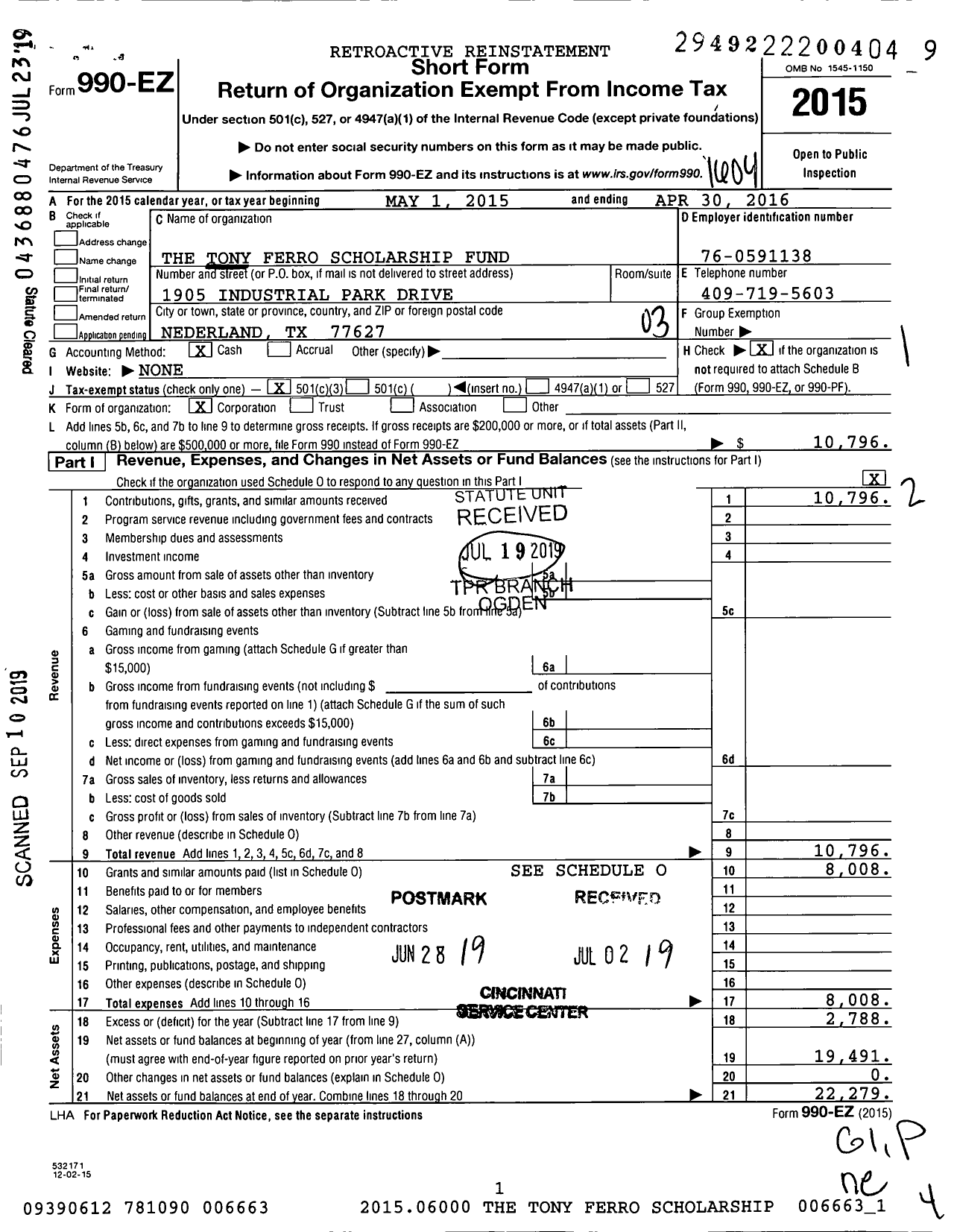 Image of first page of 2015 Form 990EZ for The Tony Ferro Scholarship Fund