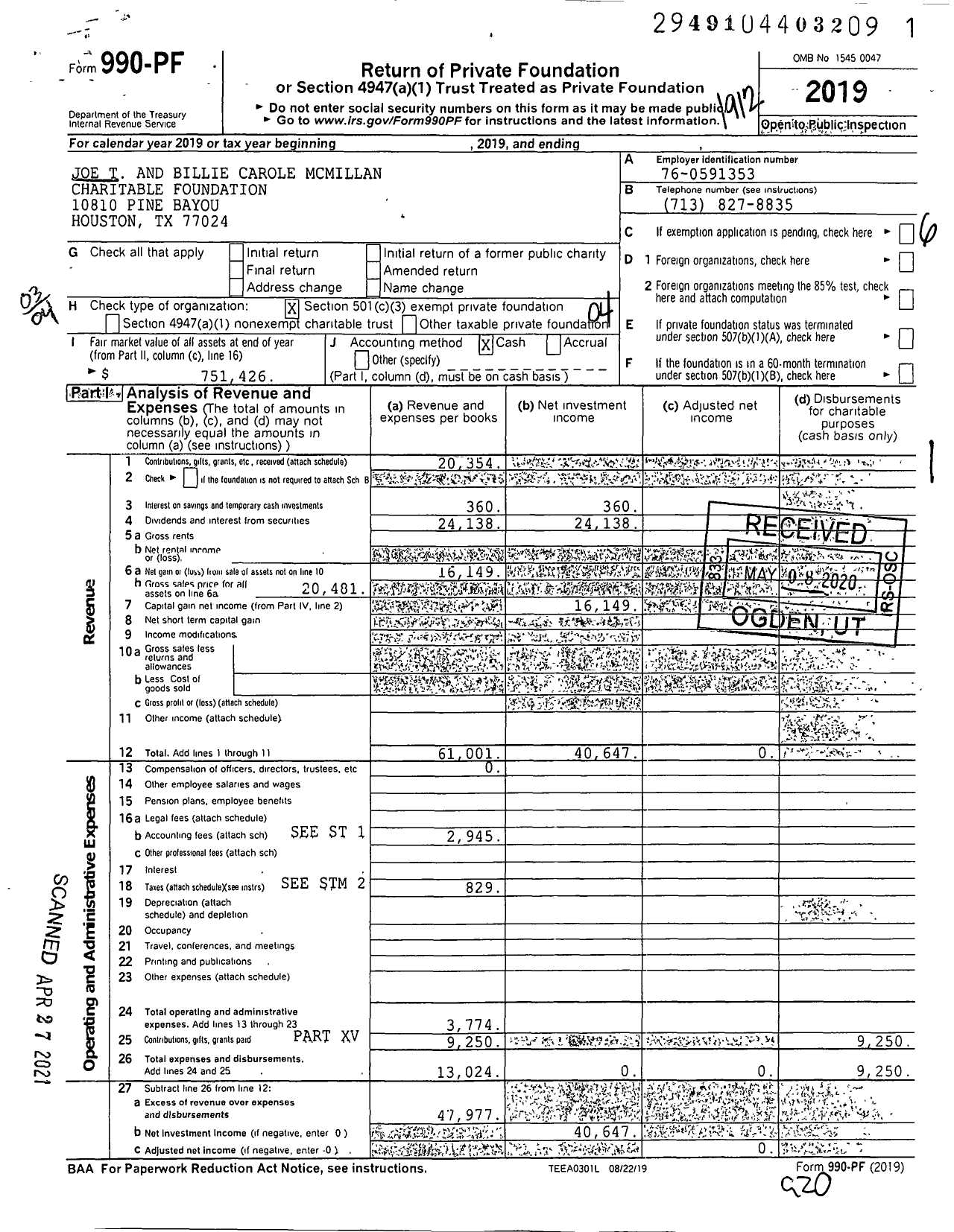 Image of first page of 2019 Form 990PF for Joe T and Billie Carole Mcmillan Charitable Foundation