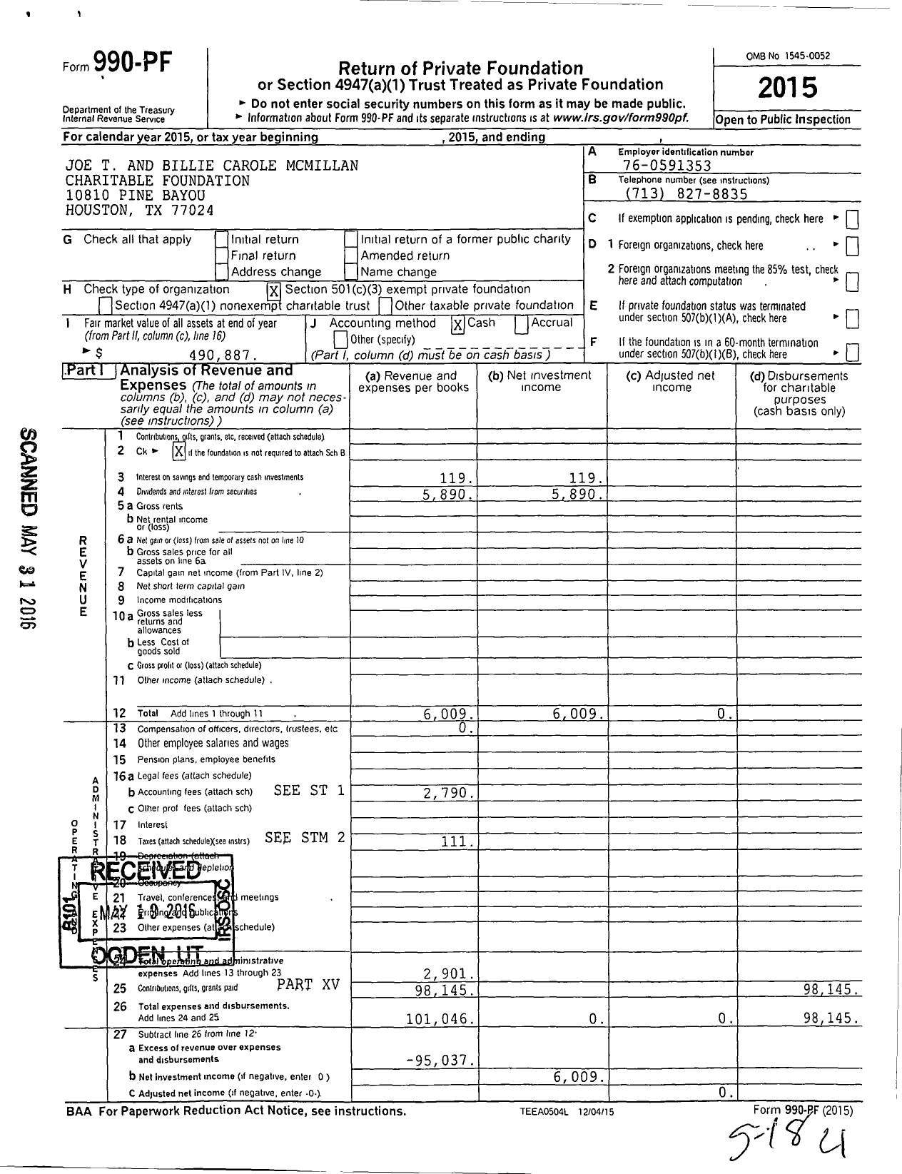 Image of first page of 2015 Form 990PF for Joe T and Billie Carole Mcmillan Charitable Foundation