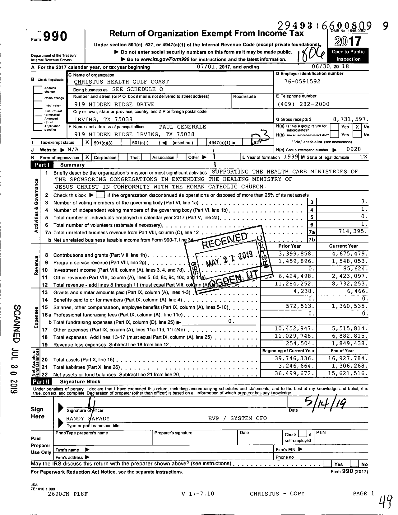 Image of first page of 2017 Form 990 for Christus Health Gulf Coast