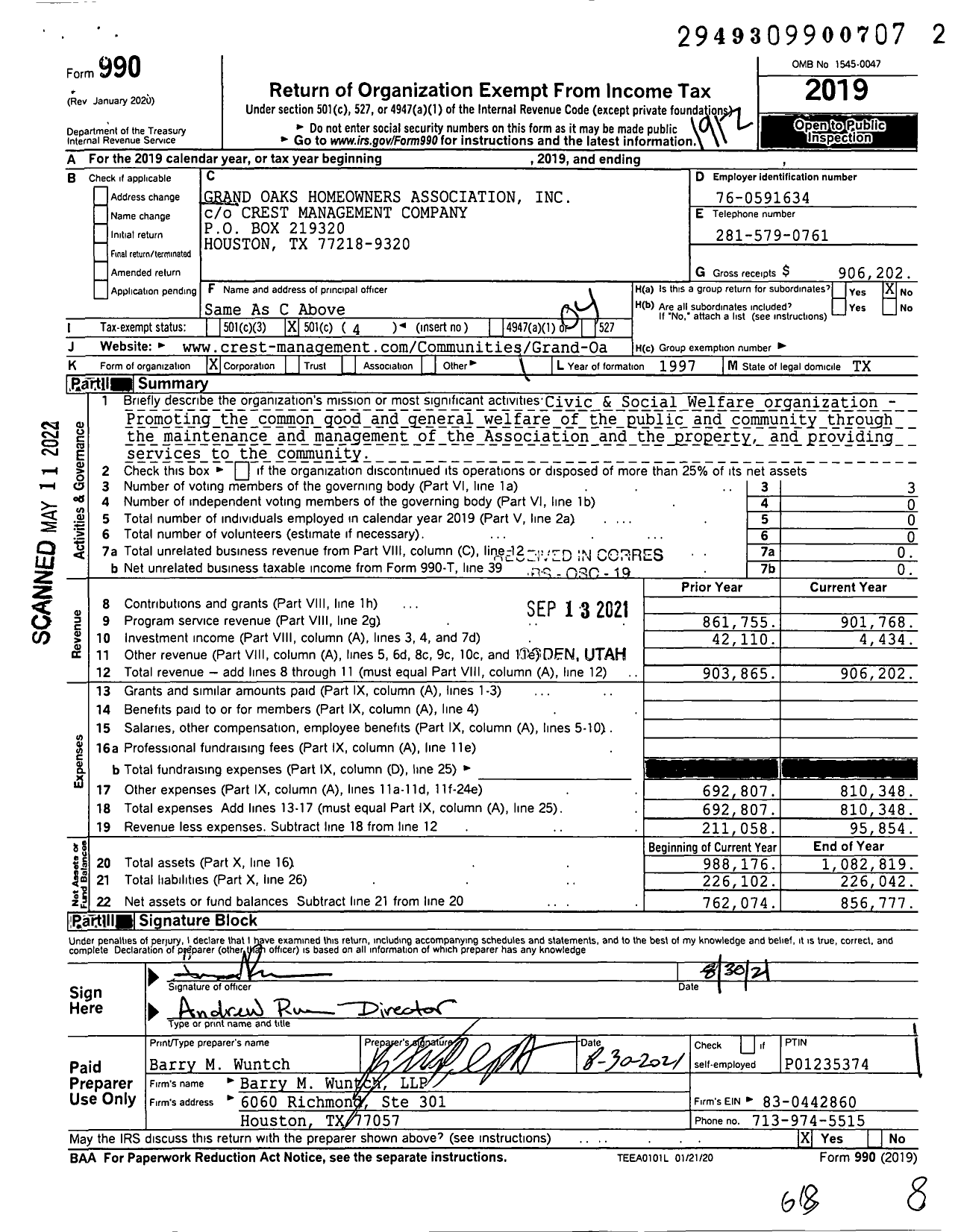 Image of first page of 2019 Form 990O for Grand Oaks Homeowners Association