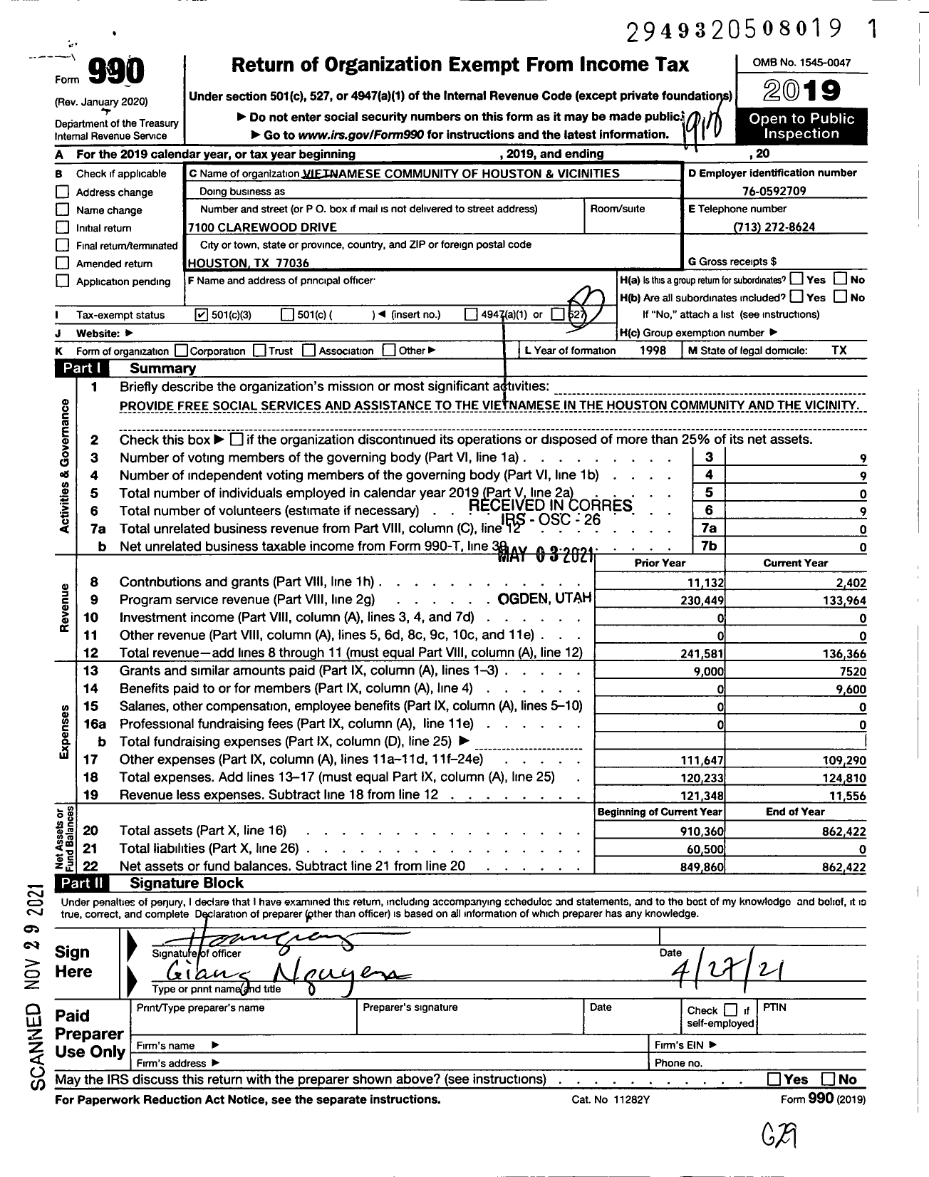 Image of first page of 2019 Form 990 for Vietnamese Community of Houston and Vicinity