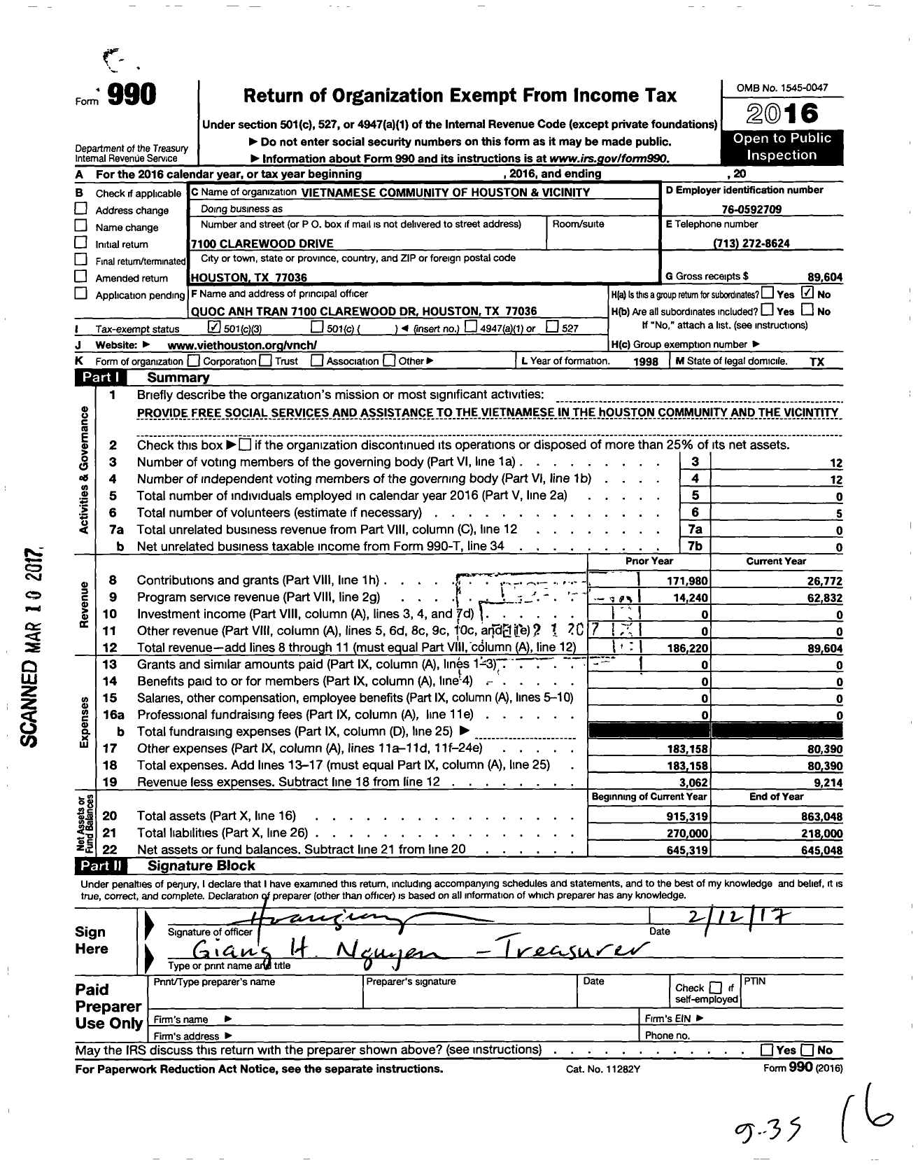 Image of first page of 2016 Form 990 for Vietnamese Community of Houston and Vicinity