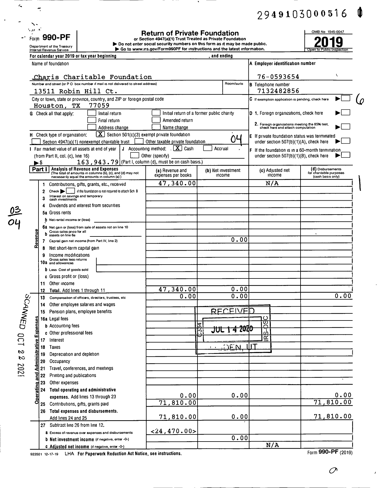 Image of first page of 2019 Form 990PF for Charis Charitable Foundation