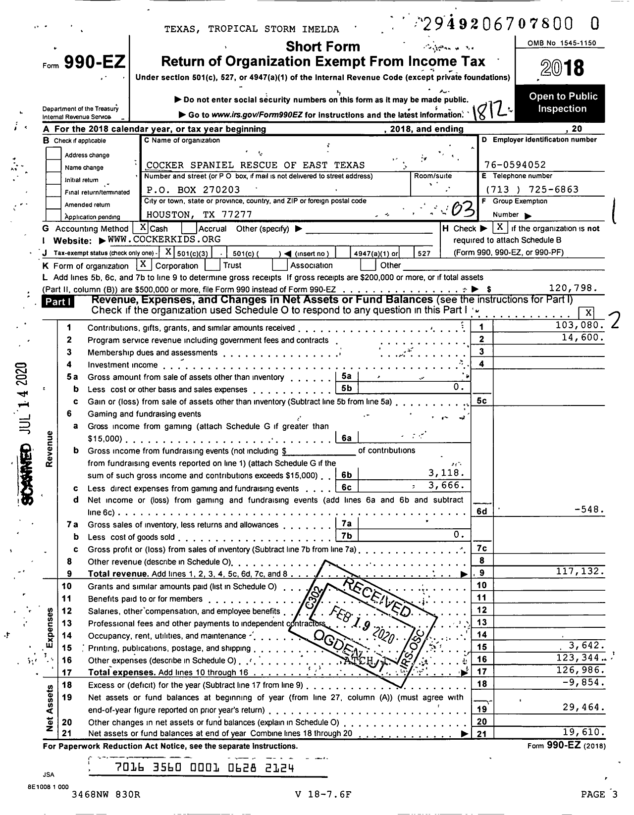 Image of first page of 2018 Form 990EZ for Cocker Spaniel Rescue of East Texas