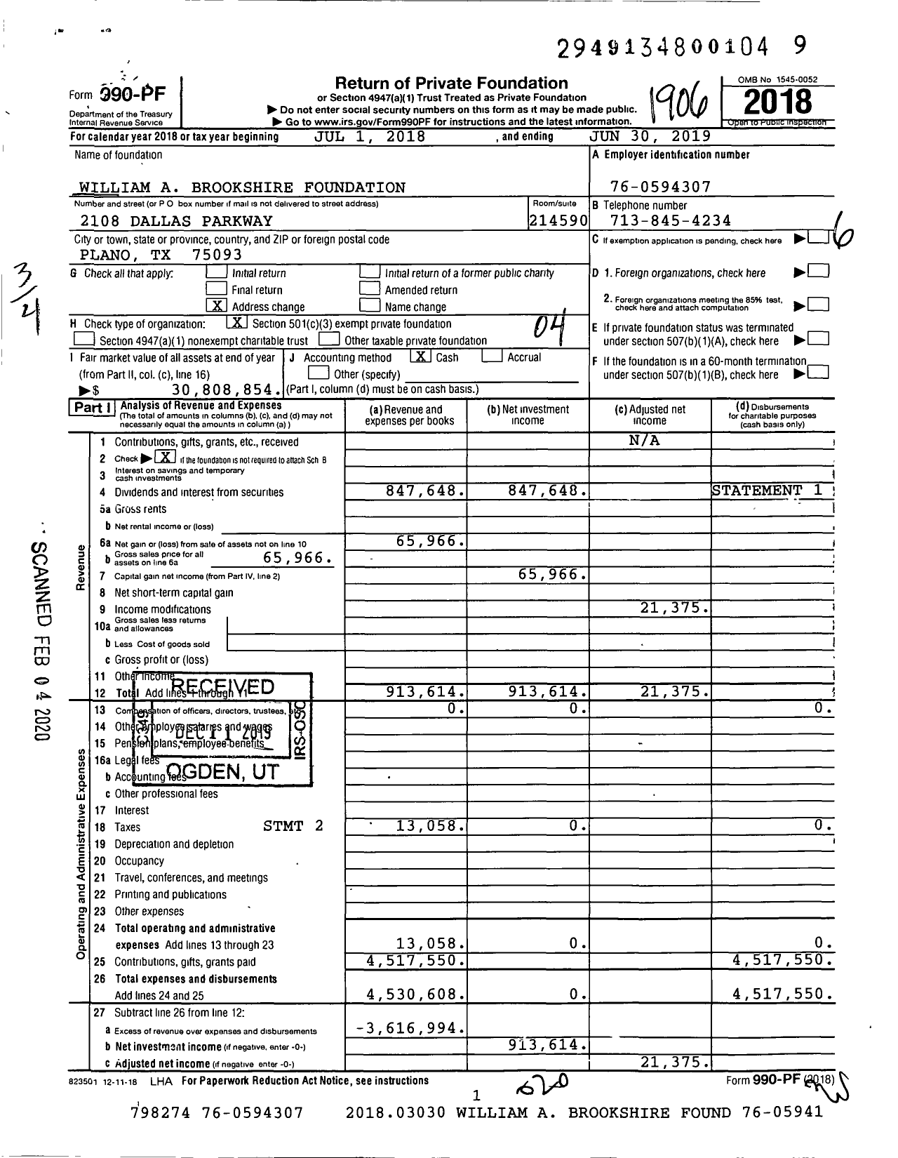 Image of first page of 2018 Form 990PF for William A Brookshire Foundation