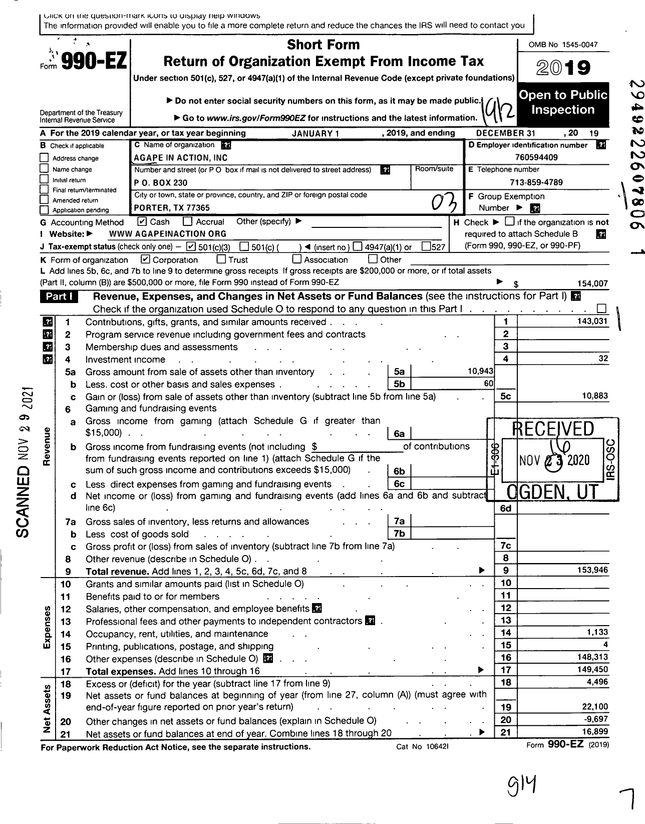 Image of first page of 2019 Form 990EZ for Agape in Action