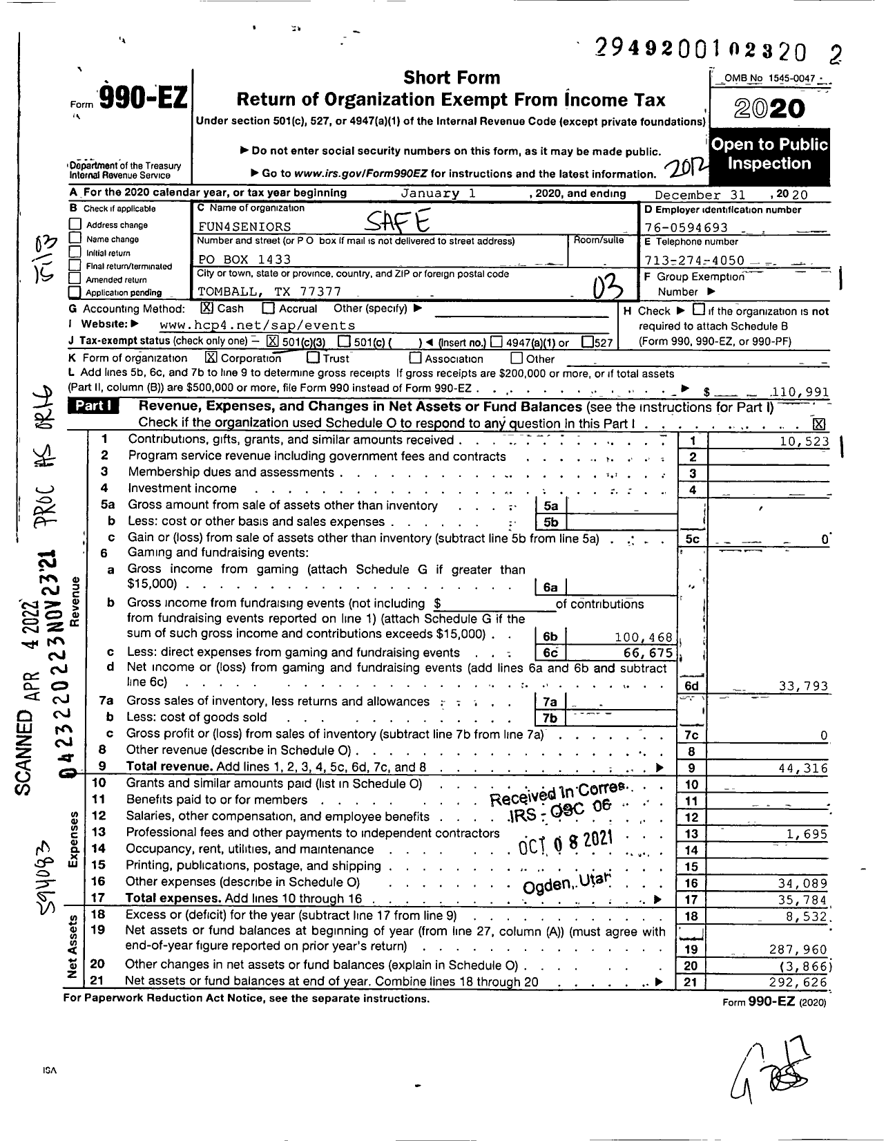 Image of first page of 2020 Form 990EZ for Fun4seniors