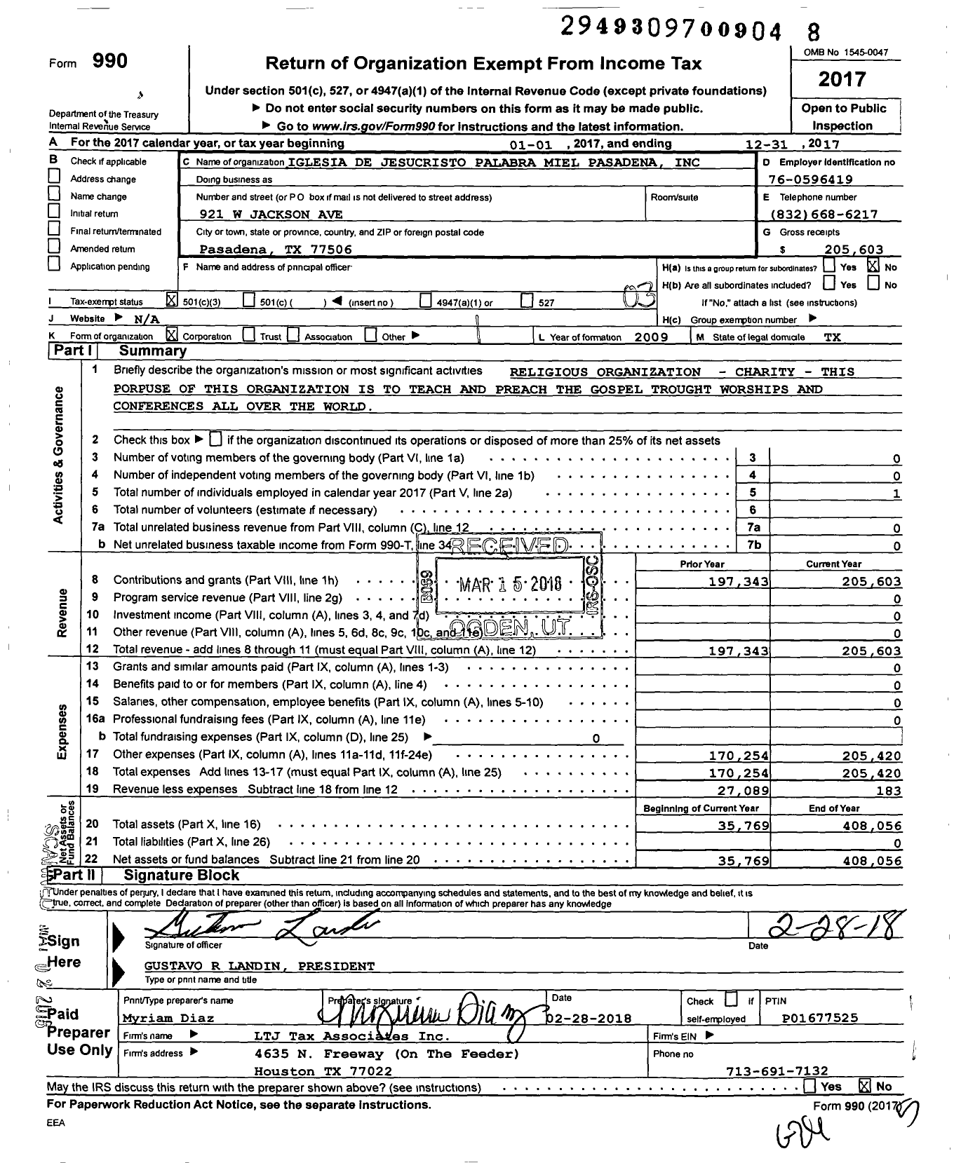 Image of first page of 2017 Form 990 for Iglesia de Jesucristo Palabra Miel Pasadena